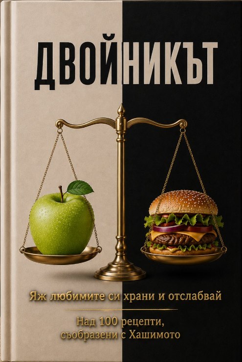 Корица на книгата „Двойникът“ — яж любимите си храни и отслабвай, над 100 рецепти, съобразени с Хашимото